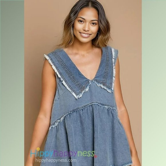 POL Top Denim Babydoll Sleeveless Tank Plus Size Raw Edge Distressed 1X,2X,3X - Picture 1 of 5